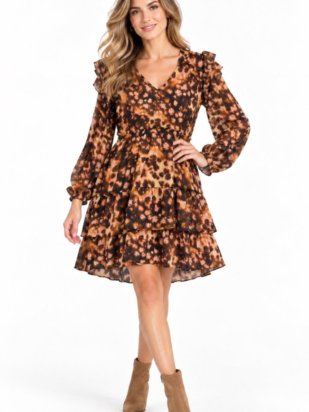 Marie Oliver Women’s XL Brown Animal Print Tiered Ruffle Dress Long Sleeve Boho